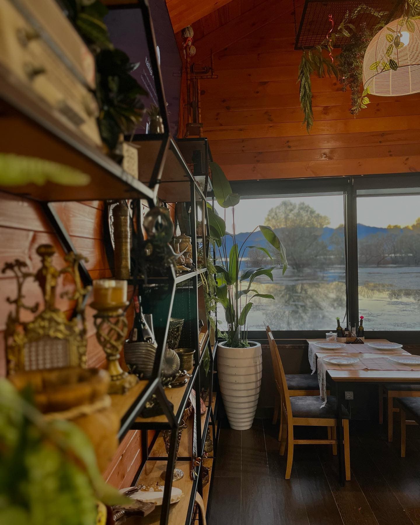 Restaurant interior with lake view